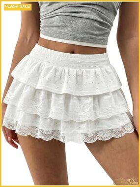 Lace Mini Skirt Ruffle Layered with Shorts A Line Skort